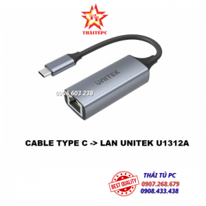 CÁP CHUYỂN USB TYPE-C RA LAN UNITEK U1312A - USB-C to Gigabit Ethernet 5Gbps Aluminium Adapter
