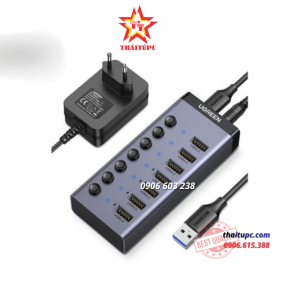 Bộ HUB chia 7 cổng USB 3.0 5Gbps vỏ nhôm, công tắc Ugreen 90307 (kèm nguồn 12V2A - chân tròn)